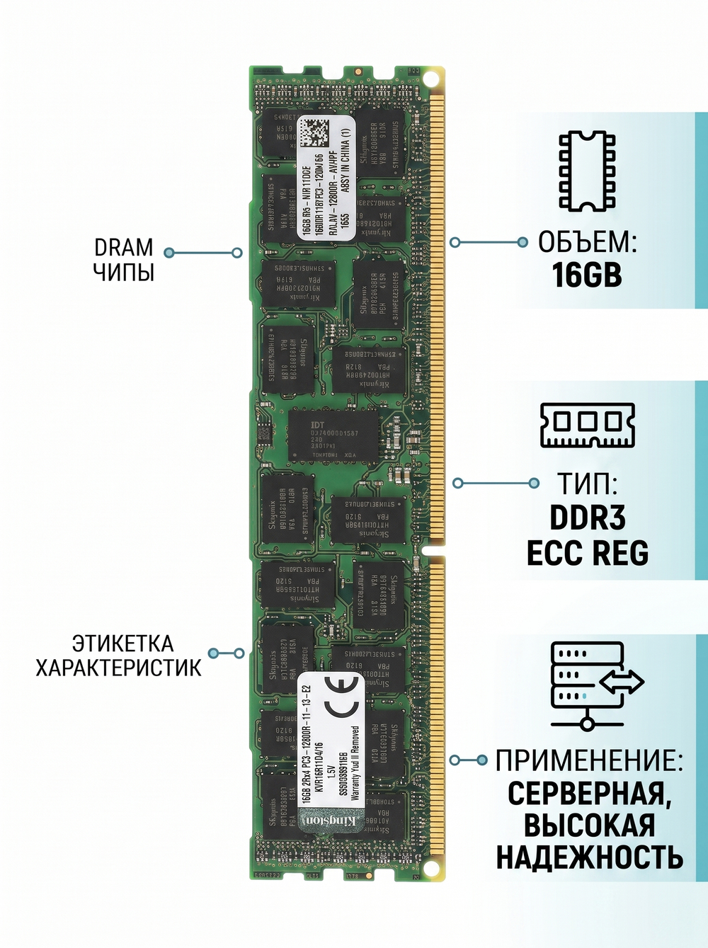 Оперативная память для сервера KVR16R11D4/16 DDR3 DIMM 16Гб 1600MHz ECC Registered 2Rx4 CL11, Kingston, OEM