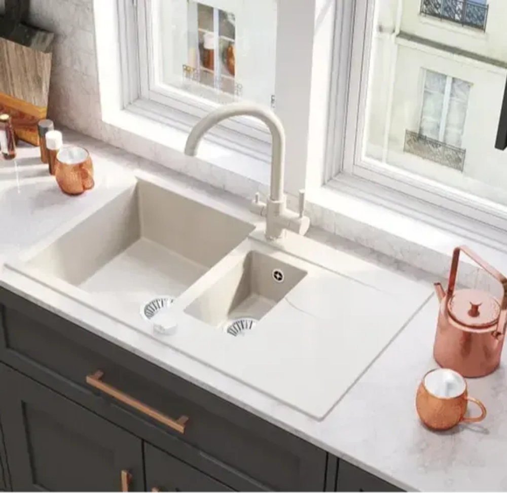 Мойка POLYGRAN BRIG-870 белый хлопок №36, смеситель COLORADO белый хлопок №36