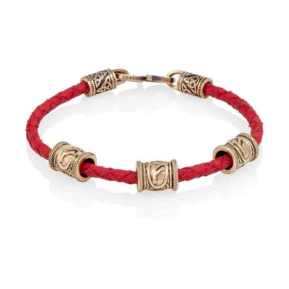 Браслет гайтан красный 3 мм с тремя рунами Феху Бронза, вид 1
