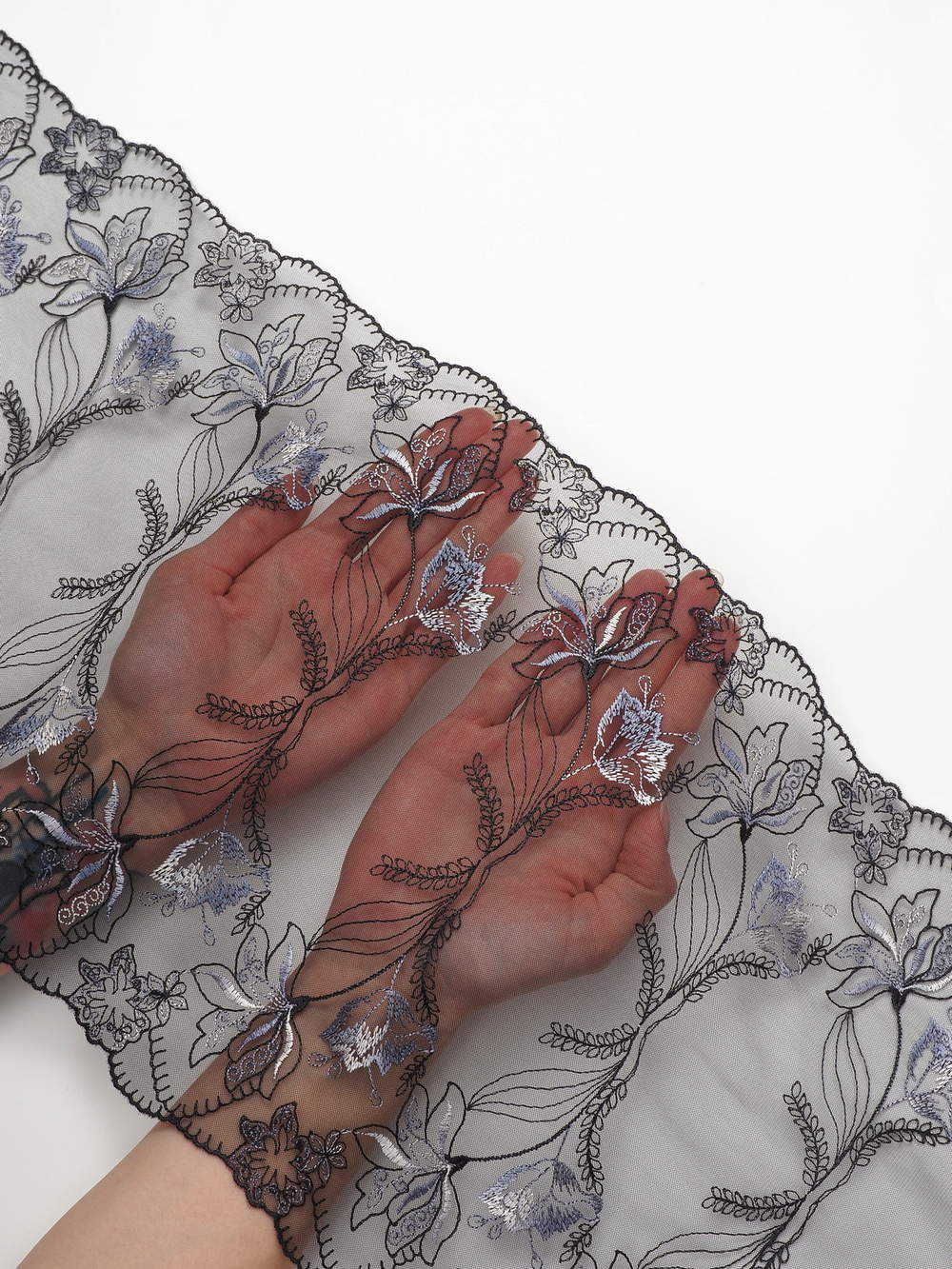 Кружево вышивка на сетке черная с орхидеей неэластичная ширина 25 см