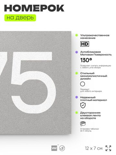 Номер на дверь 875, табличка на дверь для офиса, квартиры, кабинета, аудитории, склада, серая 120х70 мм, Айдентика Технолоджи