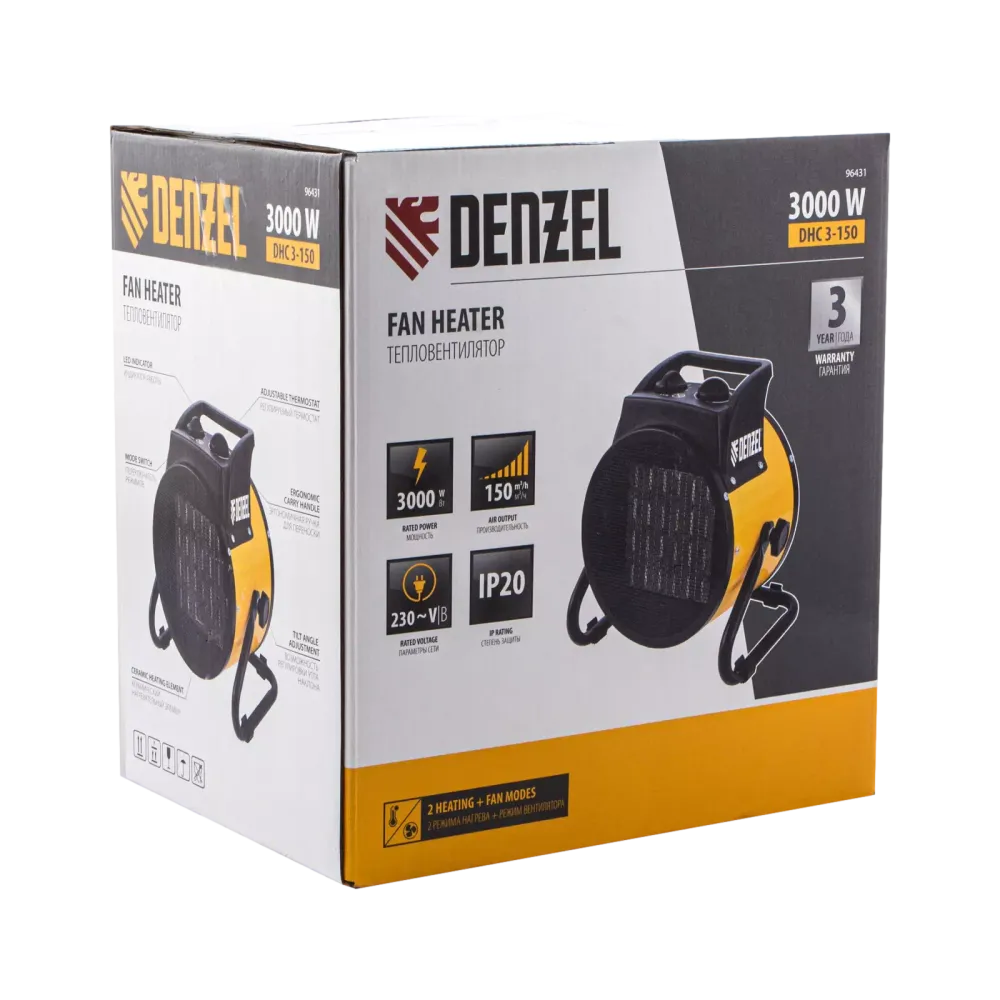 Тепловая пушка, керамический нагреватель (тепловентилятор) DHC 3-150, 230 В, 0.025/1.5/3 кВт Denzel, 96431