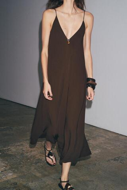 ZARA ДЛИННОЕ ПЛАТЬЕ ZW COLLECTION, ТЕМНО-КОРИЧНЕВЫЙ