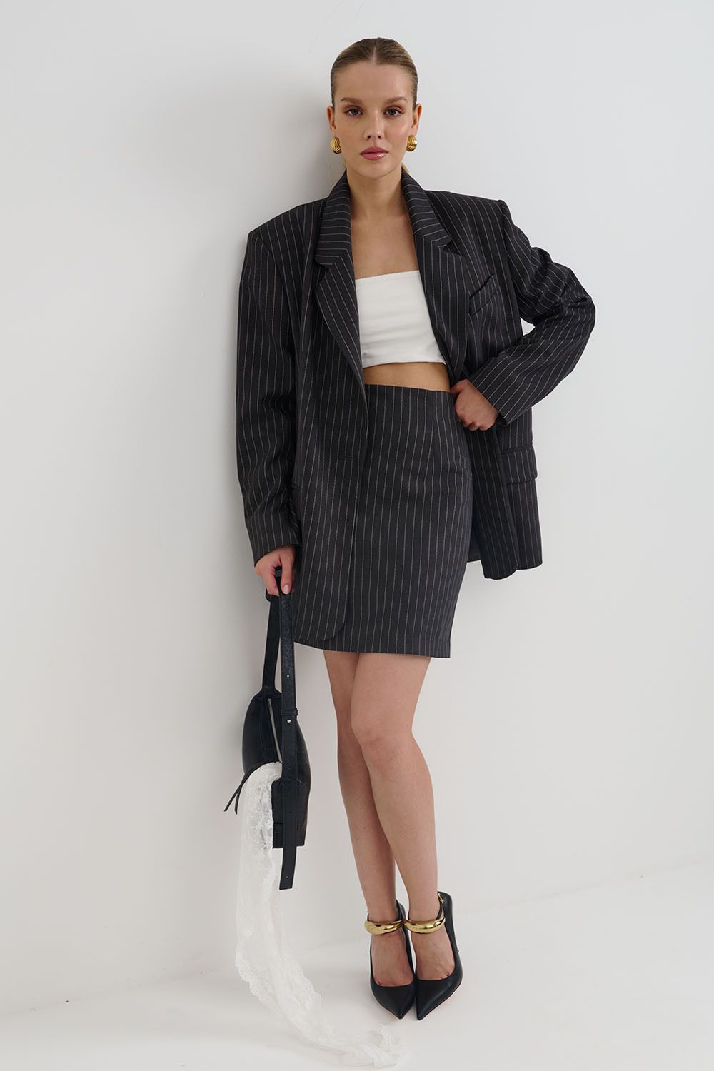 Пиджак свободный в полоску темно-серого цвета