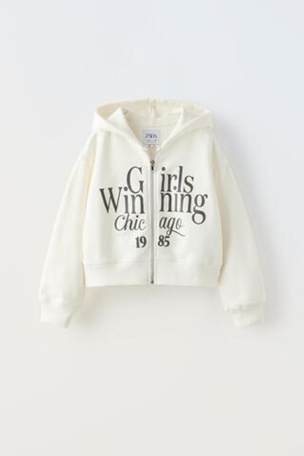 ZARA ХУДИ С МОЛНИЕЙ И НАДПИСЬЮ, ЖЕЛТОВАТО-БЕЛЫЙ
