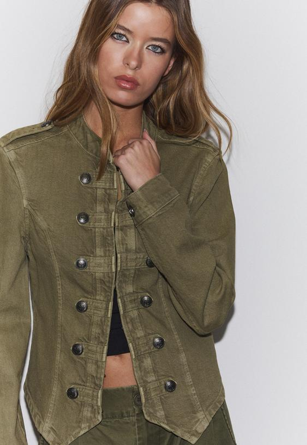 STRADIVARIUS ТВИЛОВАЯ КУРТКА С ПУГОВИЦАМИ, ХАКИ