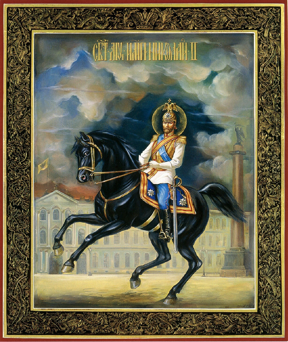 Икона святой Николай Второй на коне на дереве на левкасе