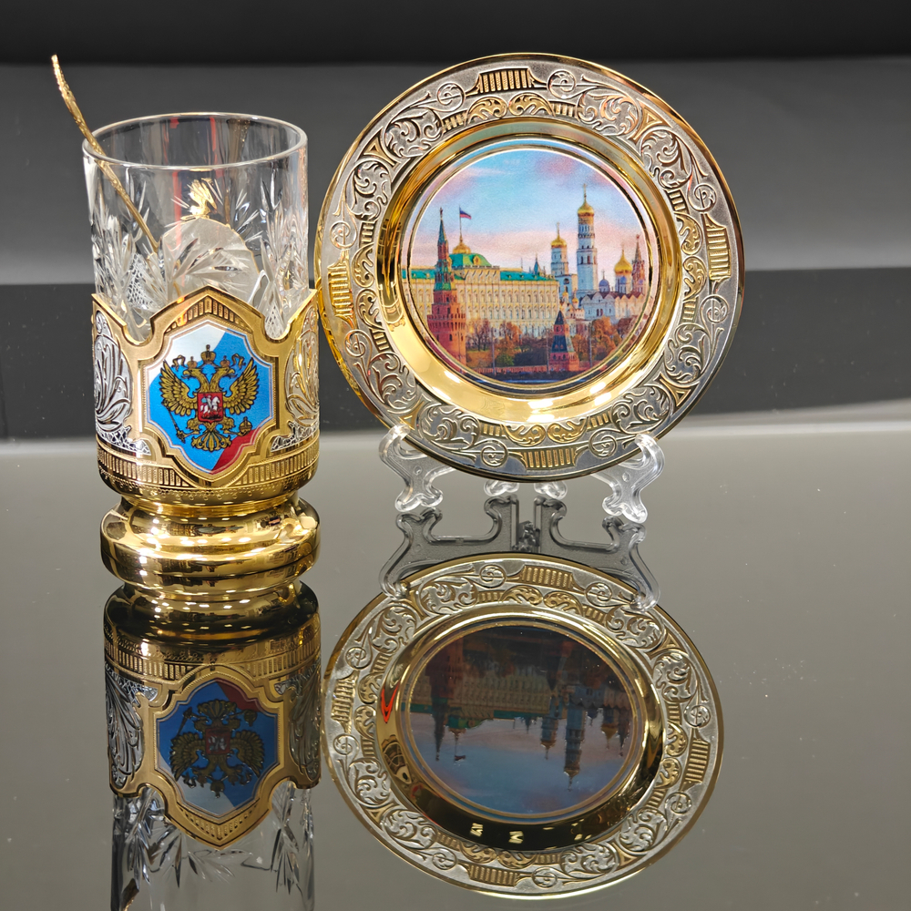 Чайный набор с блюдцем "Герб" №3 (Златоуст, УФ) в футляре