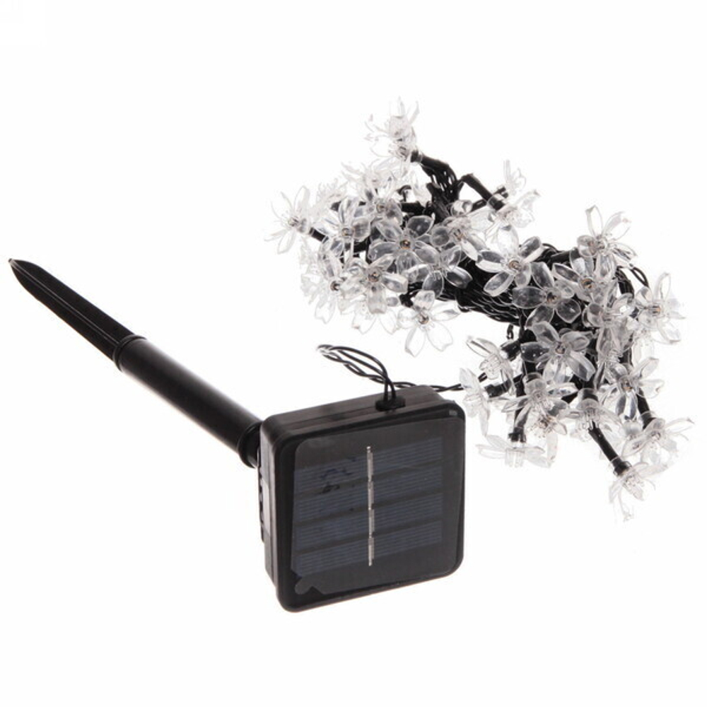 Гирлянда для улицы «Цветок» 7 м 50 ламп LED чёрный провод, 2 реж.,IP-55, Теплый белый (солнечная батарея).