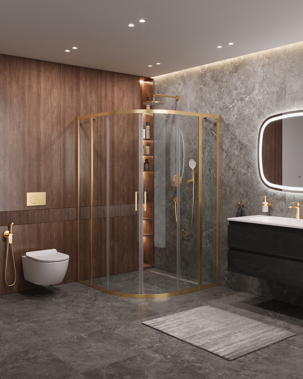 Душевой уголок Cezares MOLVENO-R-22-90+20-C-BORO-IV, 110х110х195, профиль брашированное золото, прозрачное стекло