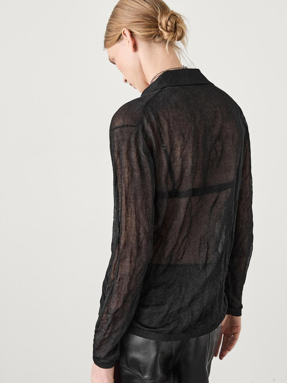 Massimo Dutti Кардиган из жатой ткани с воротником поло, черный