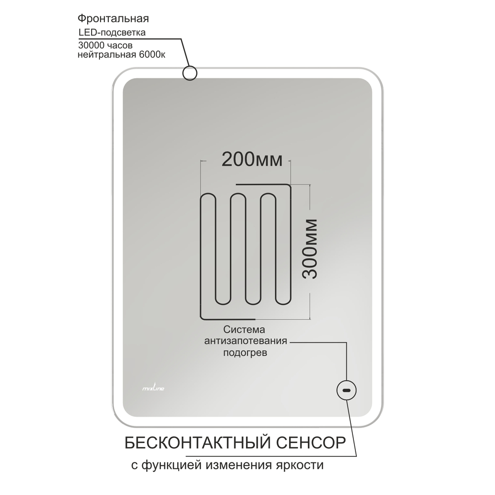 Зеркало MIXLINE "Турин-2" 500*700 (ШВ) бесконтактный сенсор, светодиодная подсветка+подогрев