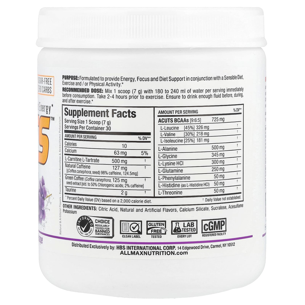 ALLMAX, ACUTS ™, Energy-Charged Energy, виноград, 210 г (7,4 унции)