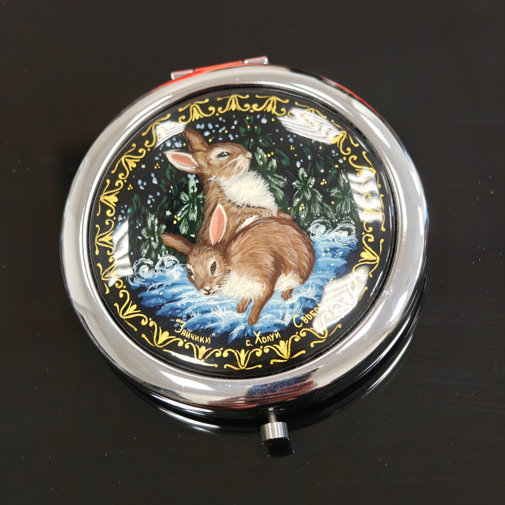 Сувенирное зеркальце с ручной росписью "Зайчата"