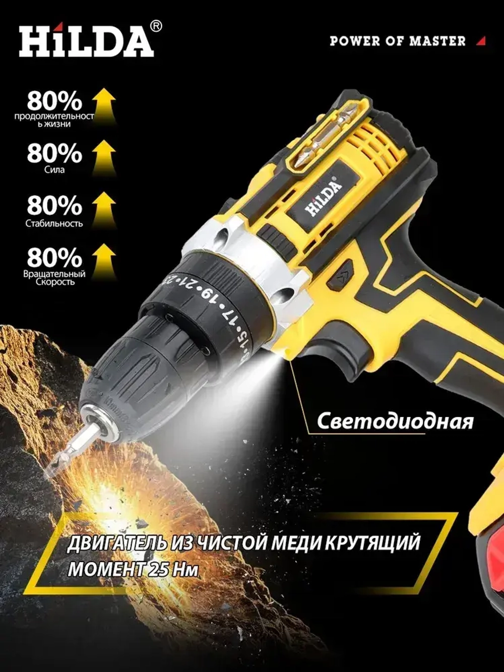 HILDA дрель шуруповерт аккумуляторная 25+3 Режима