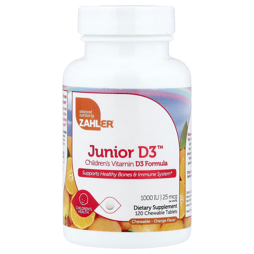 Zahler, Junior D3™, формула витамина D3 для детей, апельсин, 25 мкг (1000 МЕ), 120 жевательных таблеток