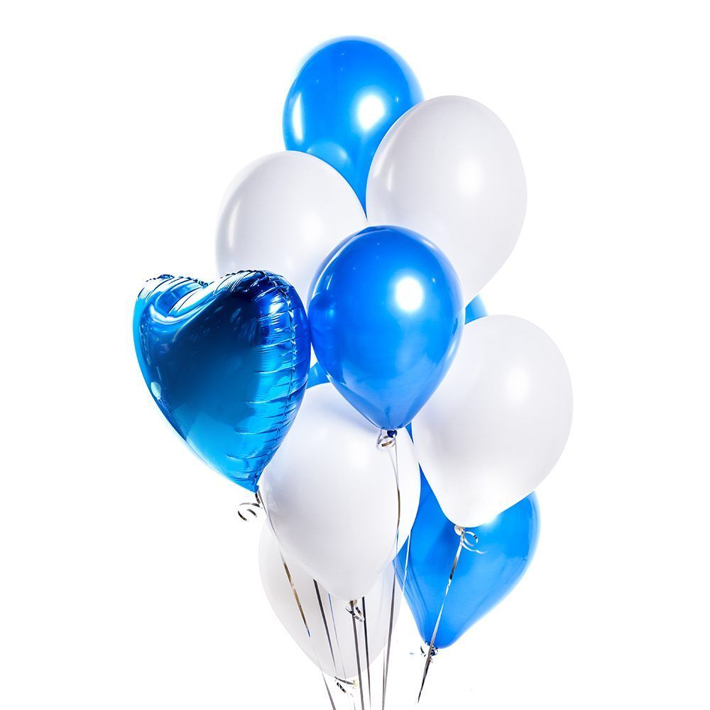 Белые и синие шарики с гелием с сердечком в подарок