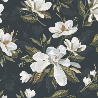 Seamless pattern with white magnolia flowers on a dark background