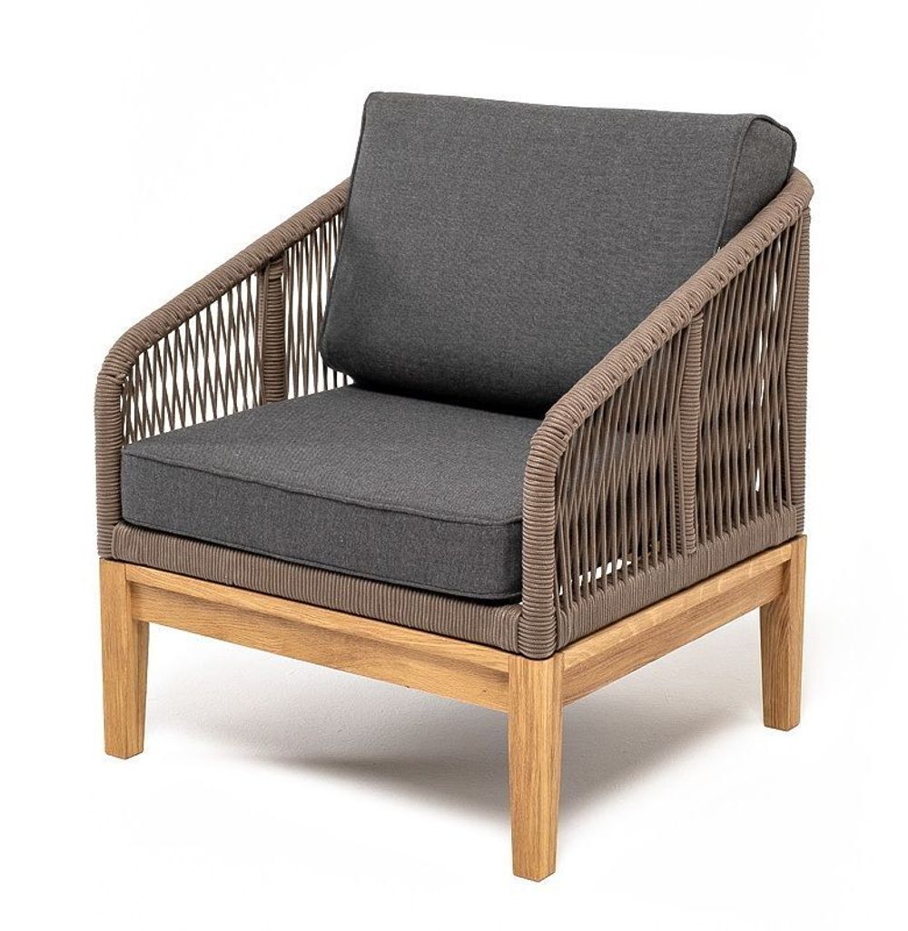 "Канны" кресло плетеное из роупа, основание дуб, роуп коричневый круглый, ткань темно-серая 027