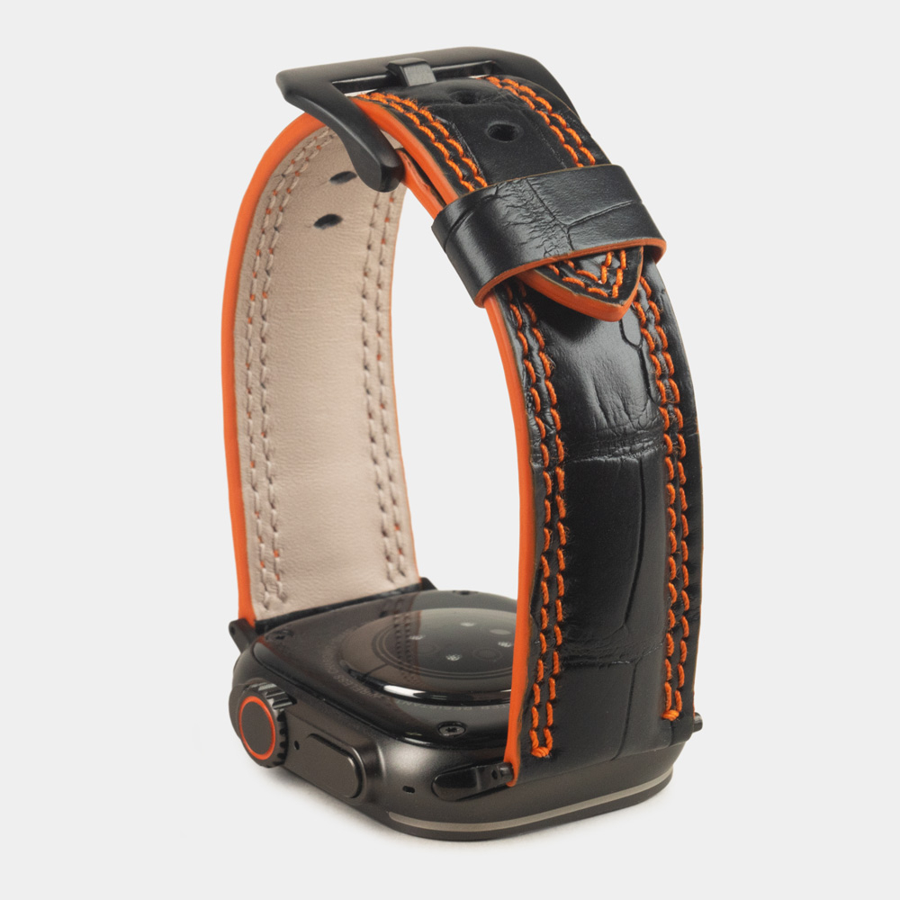 Ремешок для Apple Watch Ultra 49mm из кожи крокодила черного цвета с оранжевой строчкой