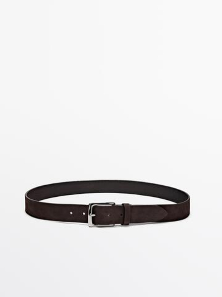 Massimo Dutti Ремень из нубука с прямоугольной пряжкой, коричневый