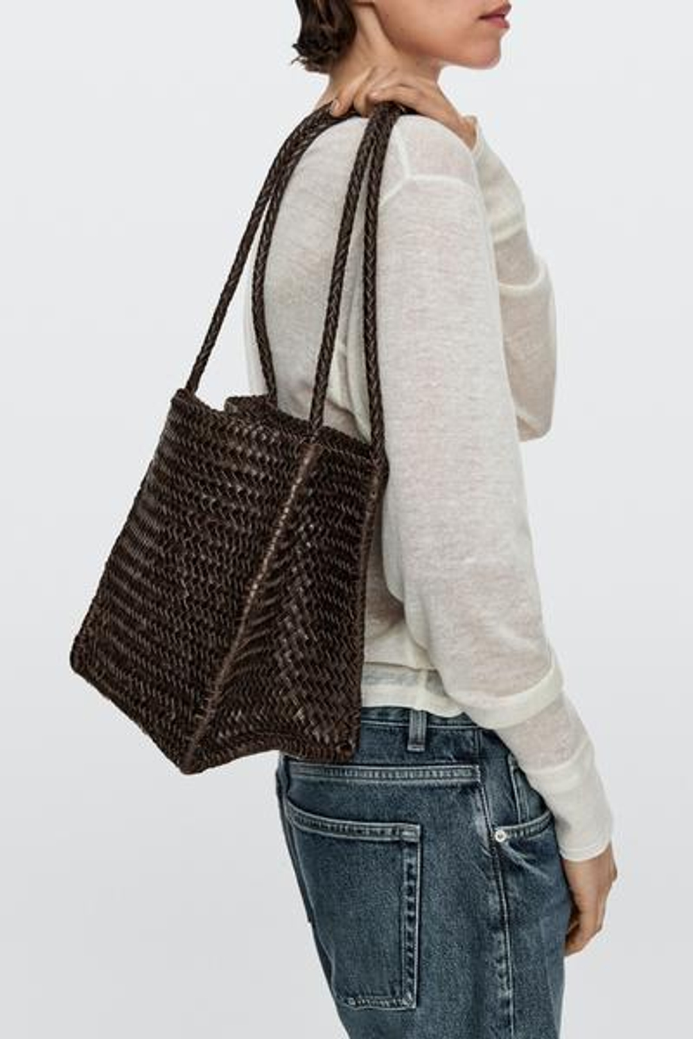 Massimo Dutti Плетеная сумка-ведро из кожи наппа, коричневый