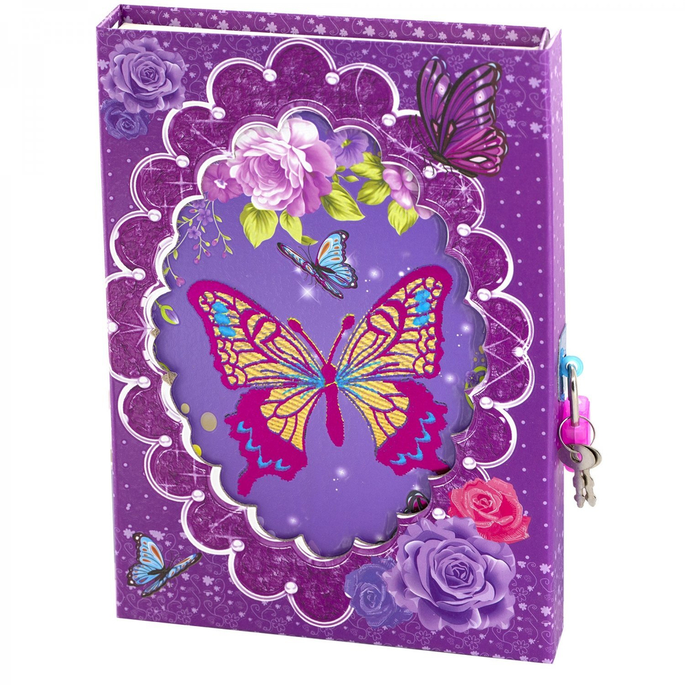 Блокнот в футляре, 14,5 см * 21,0 см, 7БЦ, Alingar, ламинация, фольга, замочек, линия, 40 л., "Бабочки и розы", фиолетовый