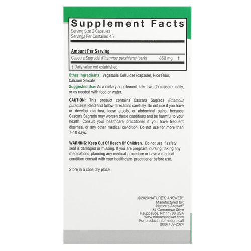 Nature's Answer, каскара, 90 вегетарианских капсул (425 мг в 1 капсуле)