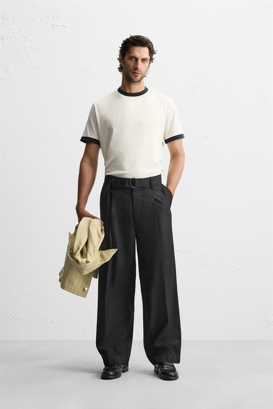 ZARA БРЮКИ С ЗАЩИПАМИ И РЕМНЕМ, ЧЕРНЫЙ