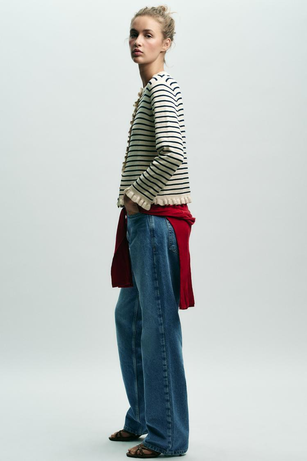 ZARA ТРИКОТАЖНЫЙ КАРДИГАН С ВОЛАНАМИ, ПОЛОСКИ