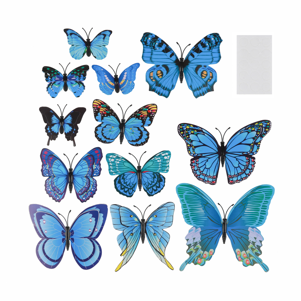 Декоративные бабочки на магните, Объемные, Голубой, 4,5-12 см*12 шт, 1 упак
