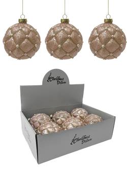 Набор шаров 10см 6шт ChristmasDeLuxe светло-розовый с бусинами и золотой патиной