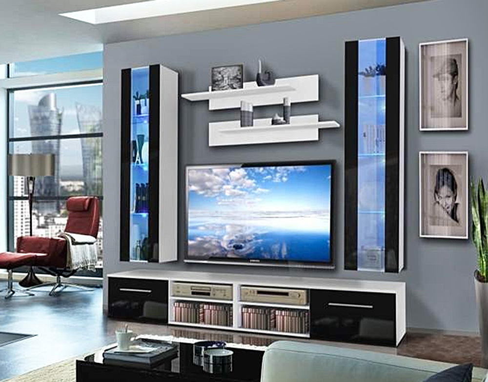 Гостиная 19 МДФ (черная) / Белый Фасадный 0101 240*45*220 см, Черный, Белый Фасадный   Фиеста