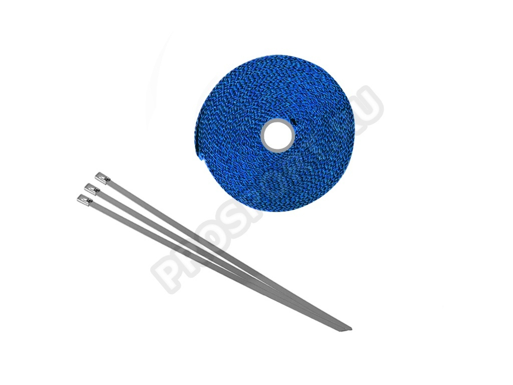 Термолента для глушителя синяя 1mm*50mm*5m, с 3 хомутами, стекловолокно (в блистере)