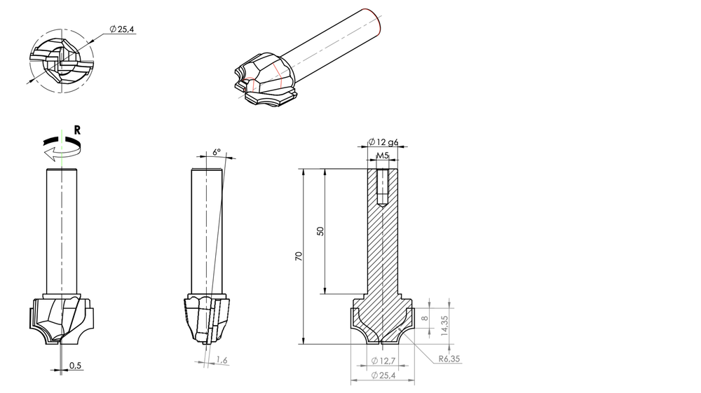 PCD концевая фреза D.25,4x14.35 S.12x50 R6.35  Z=1+1 RH