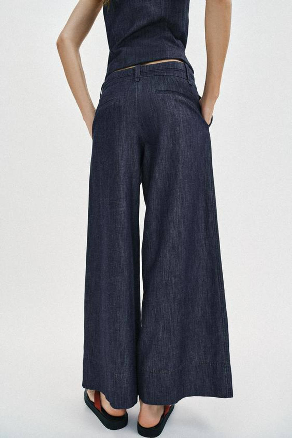 ZARA ШИРОКИЕ БРЮКИ ИЗ СМЕСОВОГО ЛЬНА, ИНДИГО