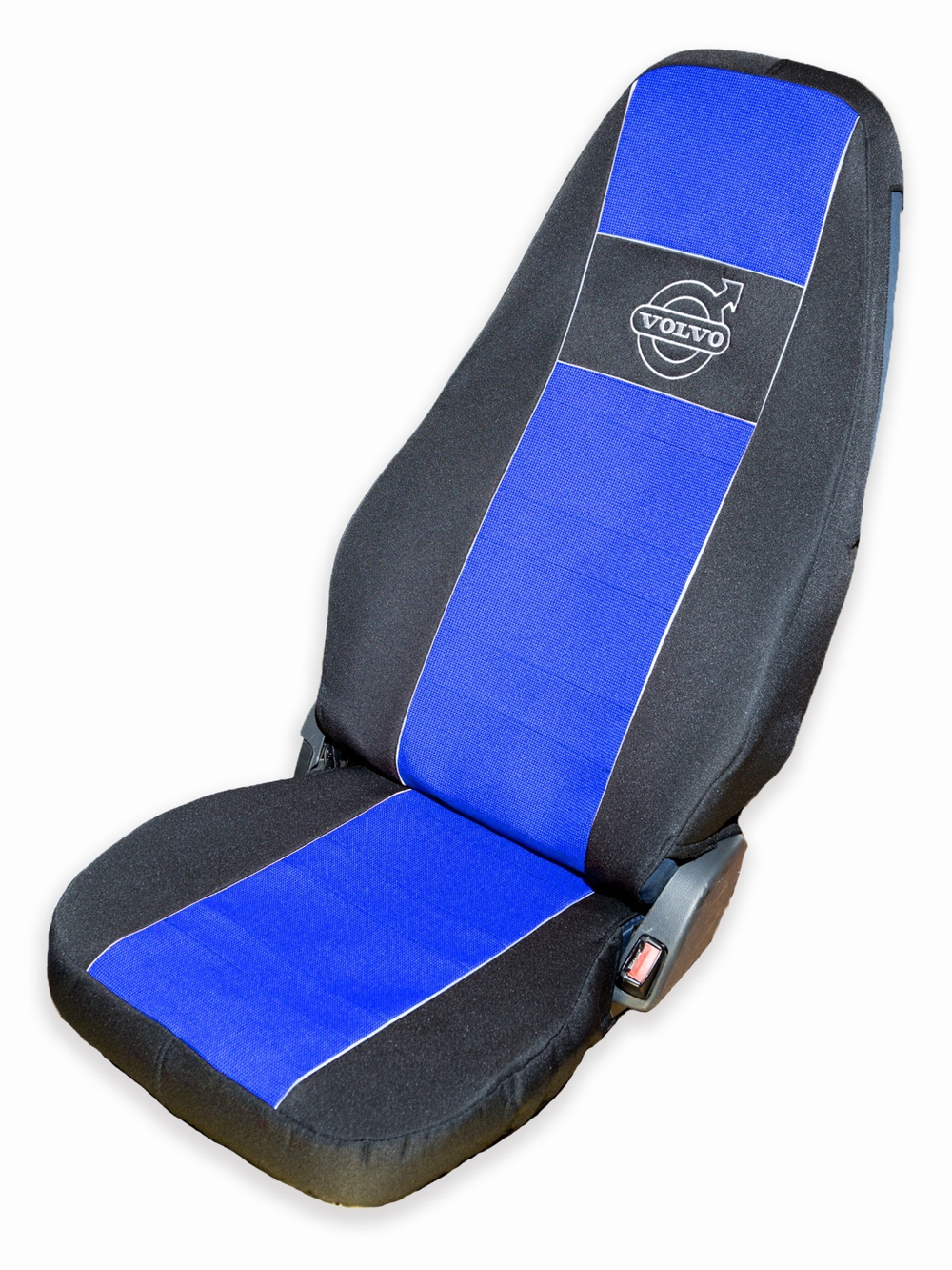 Чехлы VOLVO FH-13 после 2018 года: 2 высоких сиденья, ремни от стоек сиденья (нет вырезов под ремень) (полиэфир, черный, синяя вставка)