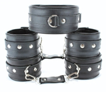 Набор БДСМ-аксессуаров из кожи: ошейник, наручники и оковы (Цвет: черный)