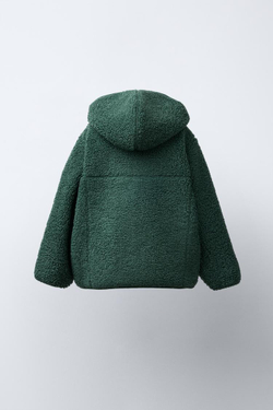 ZARA КУРТКА ИЗ ИСКУССТВЕННОЙ ОВЧИНЫ С КАПЮШОНОМ, ЗЕЛЕНЫЙ