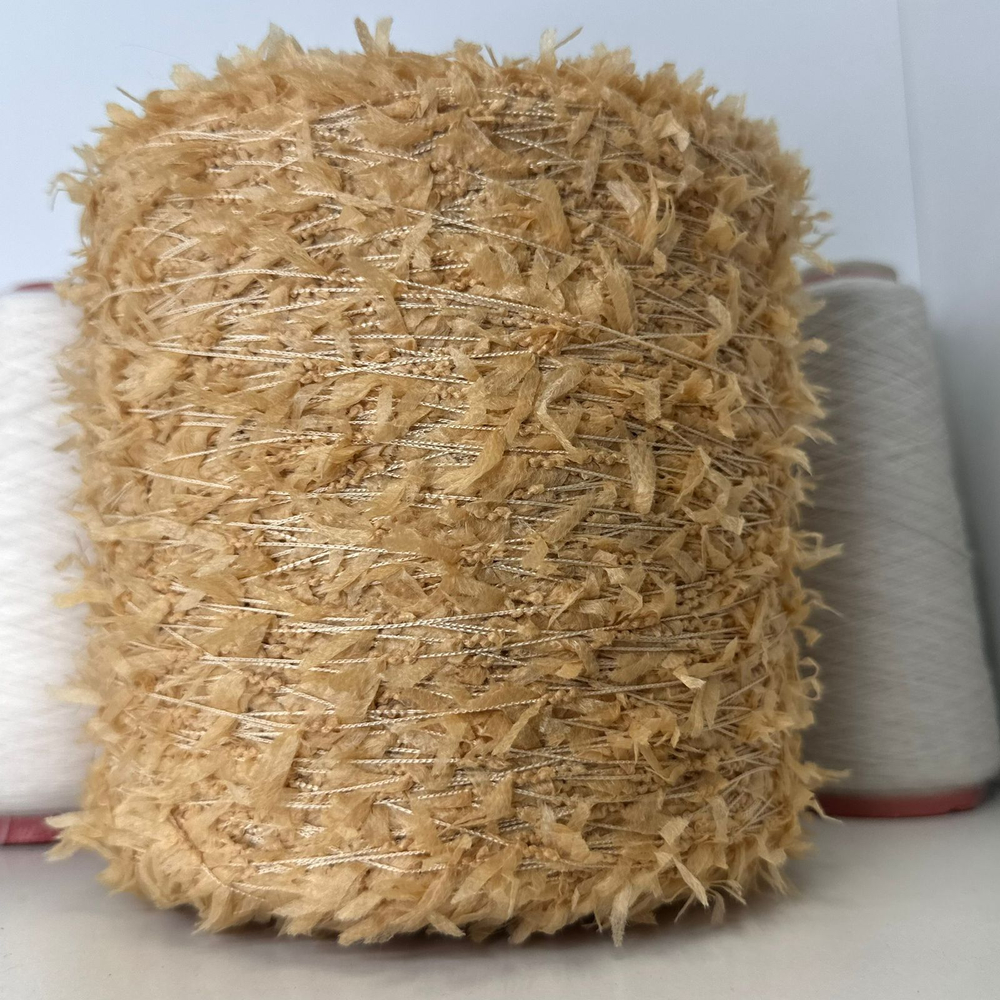STOCK ITALY; вискоза, хлопок, п/а; 500м/100гр; абрикосово-песочный тонкий фантазийный шнурочек с бантиками