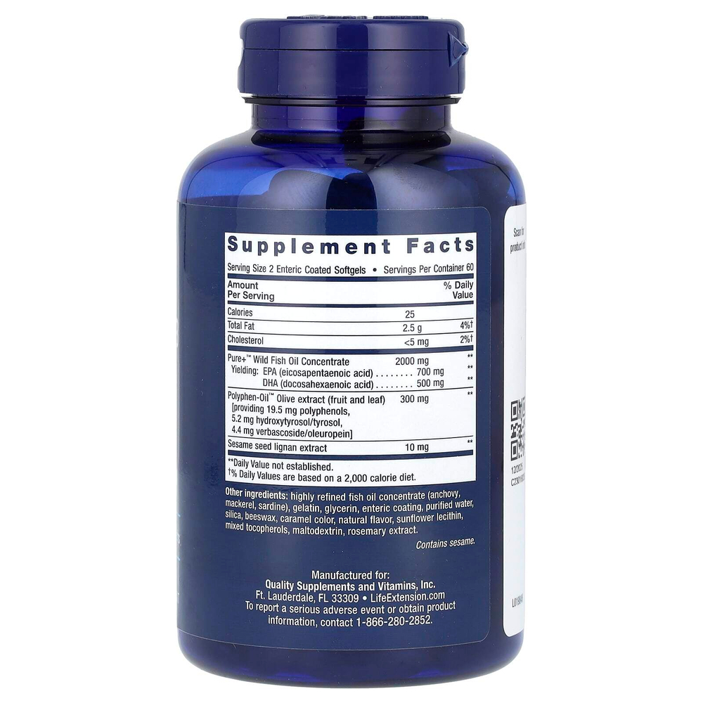Life Extension, Super Omega-3, рыбий жир с ЭПК и ДГК, 120 капсул, покрытых кишечнорастворимой оболочкой