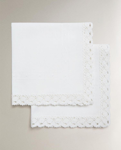 ZARA HOME САЛФЕТКИ ИЗ ХЛОПКА С ВЫШИВКОЙ И КРУЖЕВОМ (2 ШТ.), БЕЛЫЙ