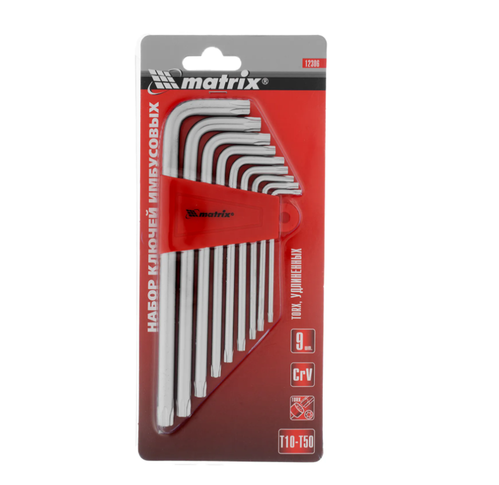 Набор удлиненных имбусовых ключей MATRIX TORX T10-T50, CrV, сатинирование, 9 шт. 12306