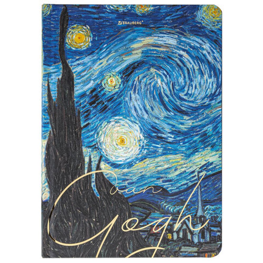 Блокнот с резинкой в клетку 96 л., А5 (145х203 мм), твердая обложка с фольгой, BRAUBERG, "Van Gogh", 113728