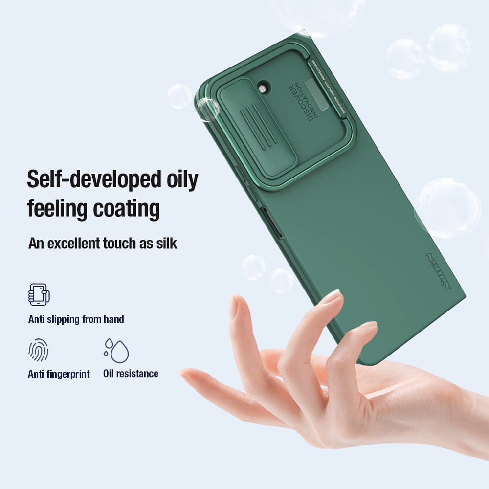 Чехол зеленого цвета покрытый жидким силиконом от Nillkin для Samsung Galaxy Z Fold 5, серия CamShield Silky Silicone Case (Stand Version) (версия с подставкой)