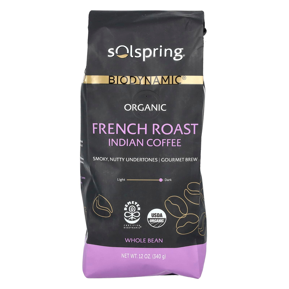 Dr. Mercola, Solspring®, Biodynamic®, органический индийский кофе, цельные зерна, французская обжарка, 340 г (12 унций)