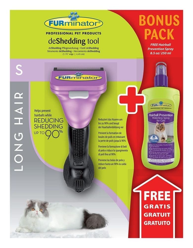 FURminator Long Hair Small Cat 4 см + FURminator шампунь-спрей от колтунов без смывания 250 мл АКЦИЯ