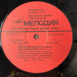 Винтажная виниловая пластинка LP Антология Советской Песни Для Школьников. Пластинка 3 (СССР 1988)