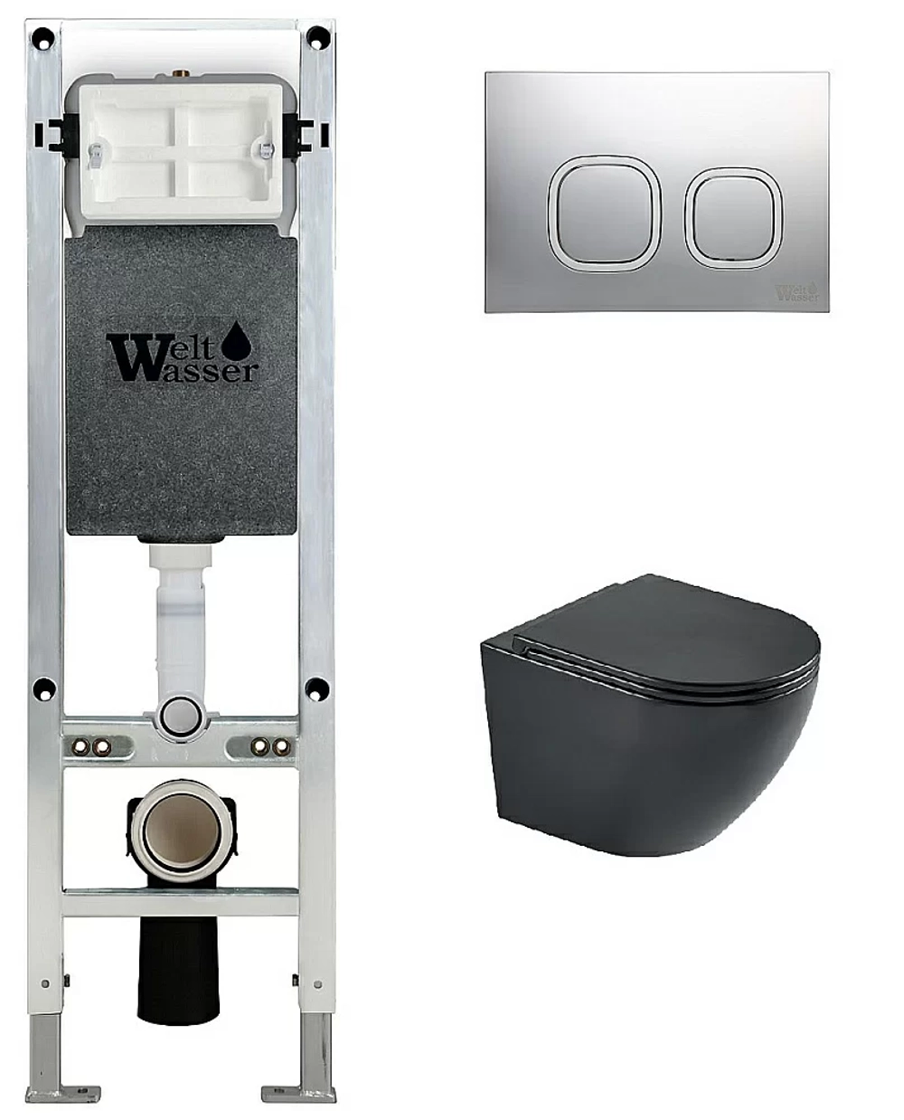 Унитаз подвесной WeltWasser AMBERG 350 ST + HEIMBACH 043 MT-BL + AMBERG RD-CR черный матовый, безободковый, с крышкой микролифт, слив-торнадо, с инсталляцией и кнопкой хром глянцевый