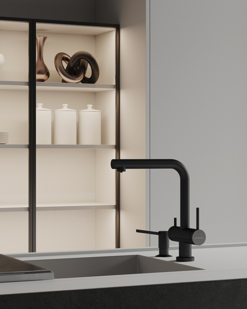 Смеситель для кухни Abelsberg Pura OTF70709MB c вытяжным изливом и возможностью подключения фильтра для воды, цвет матовый черный
